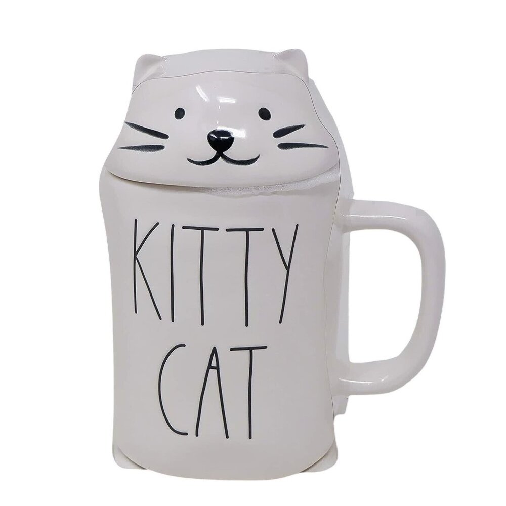 Rae Dunn Kitty Cat Ceramic Mug Lid 7" Tall White Black Text Adorable Giftable
